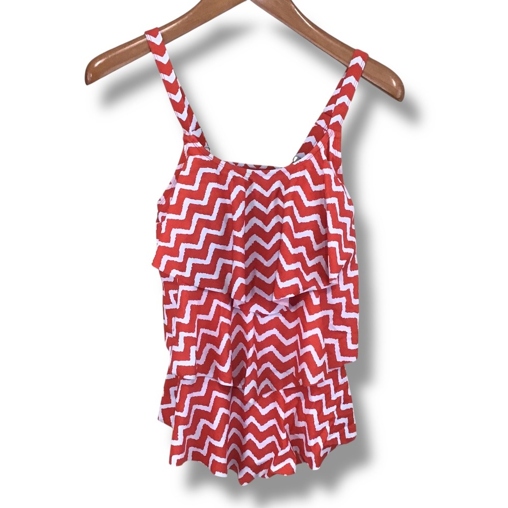 Septangle‎ Red White Chevron Ripple Ruffle Tankini Top Tiered Medium